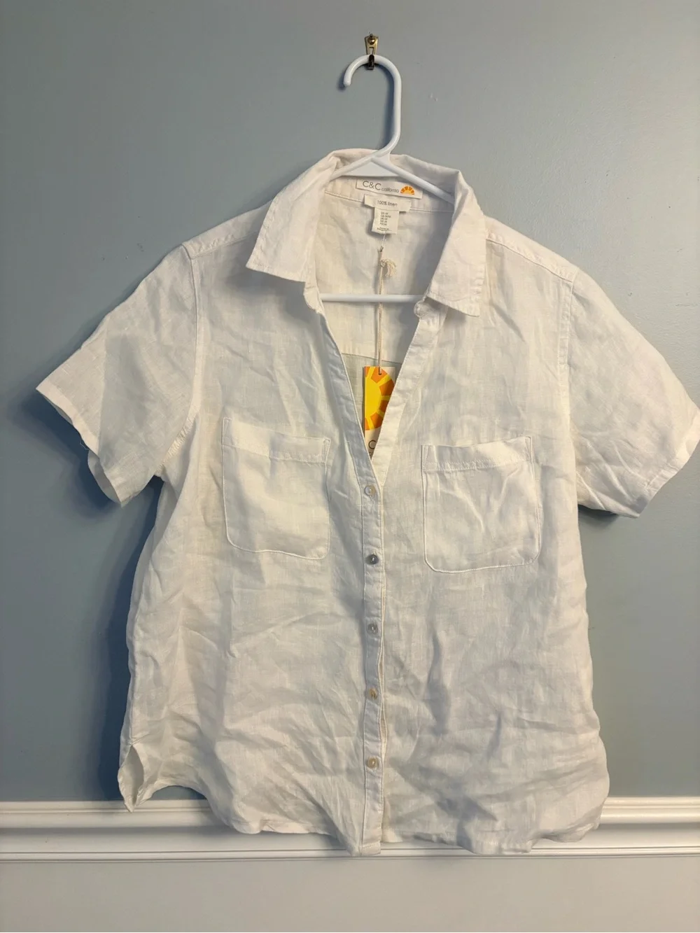 C&C California White Cropped Short Sleeve Linen Button-Down Shirt Blouse Top - Picture 1 of 5